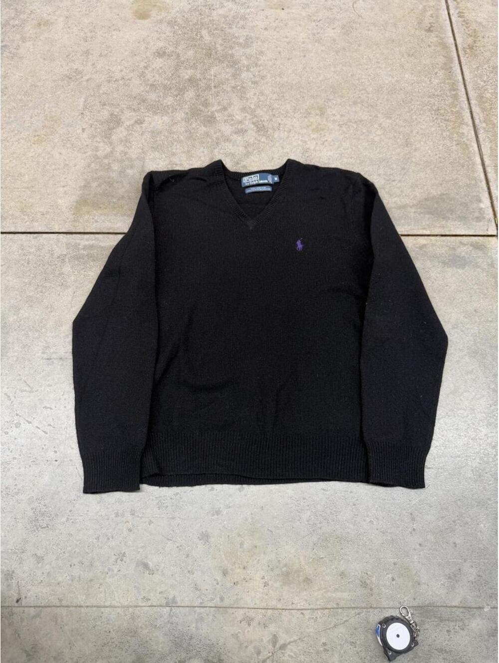 vintage polo ralph lauren black and purple v neck knit sweater size medium